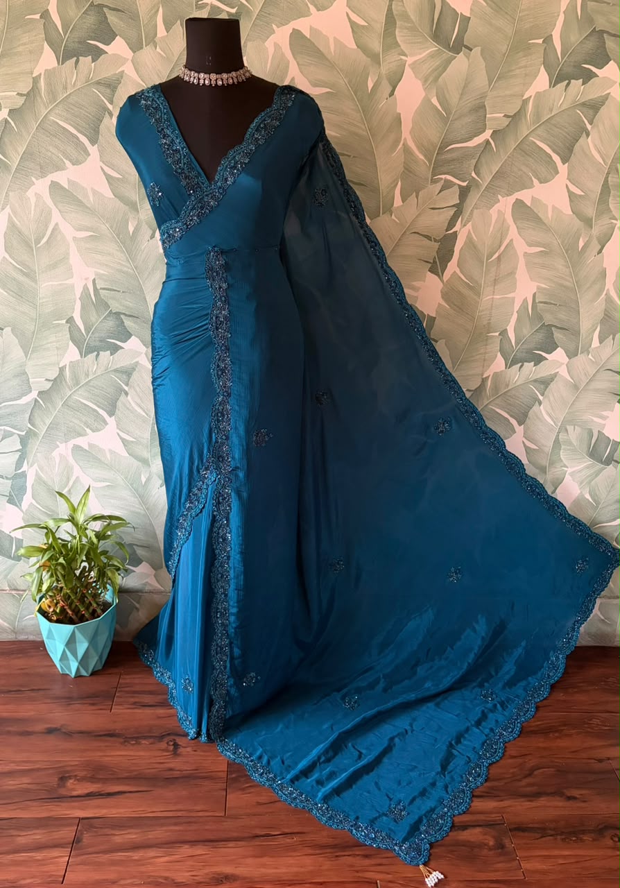 Teal Blue Designer Premium Edition Pure Chinnon Satin Silk Saree with Pearl Sequins & Cut Daana Handwork