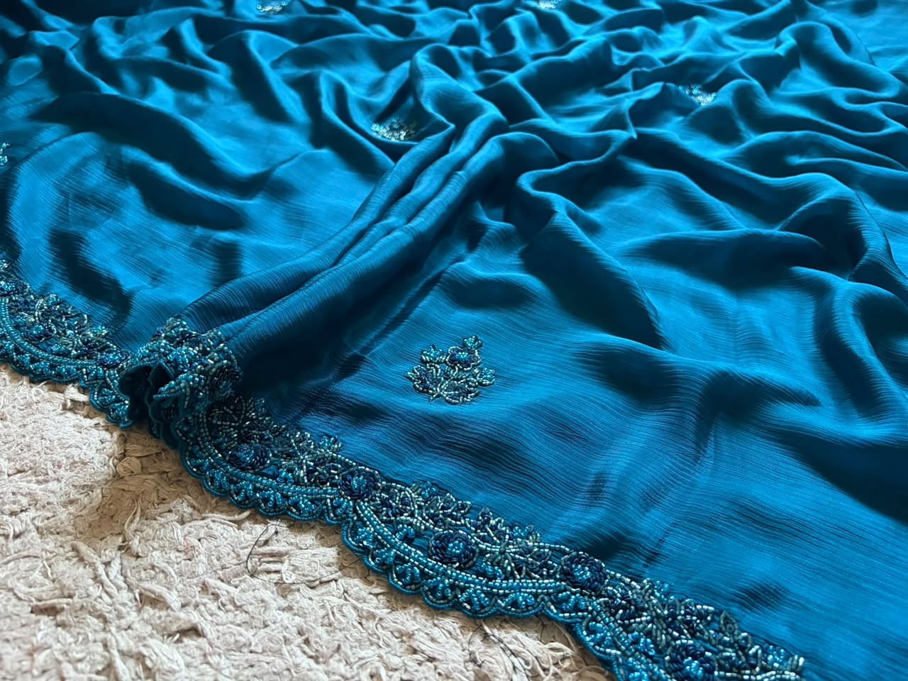 Teal Blue Designer Premium Edition Pure Chinnon Satin Silk Saree with Pearl Sequins & Cut Daana Handwork