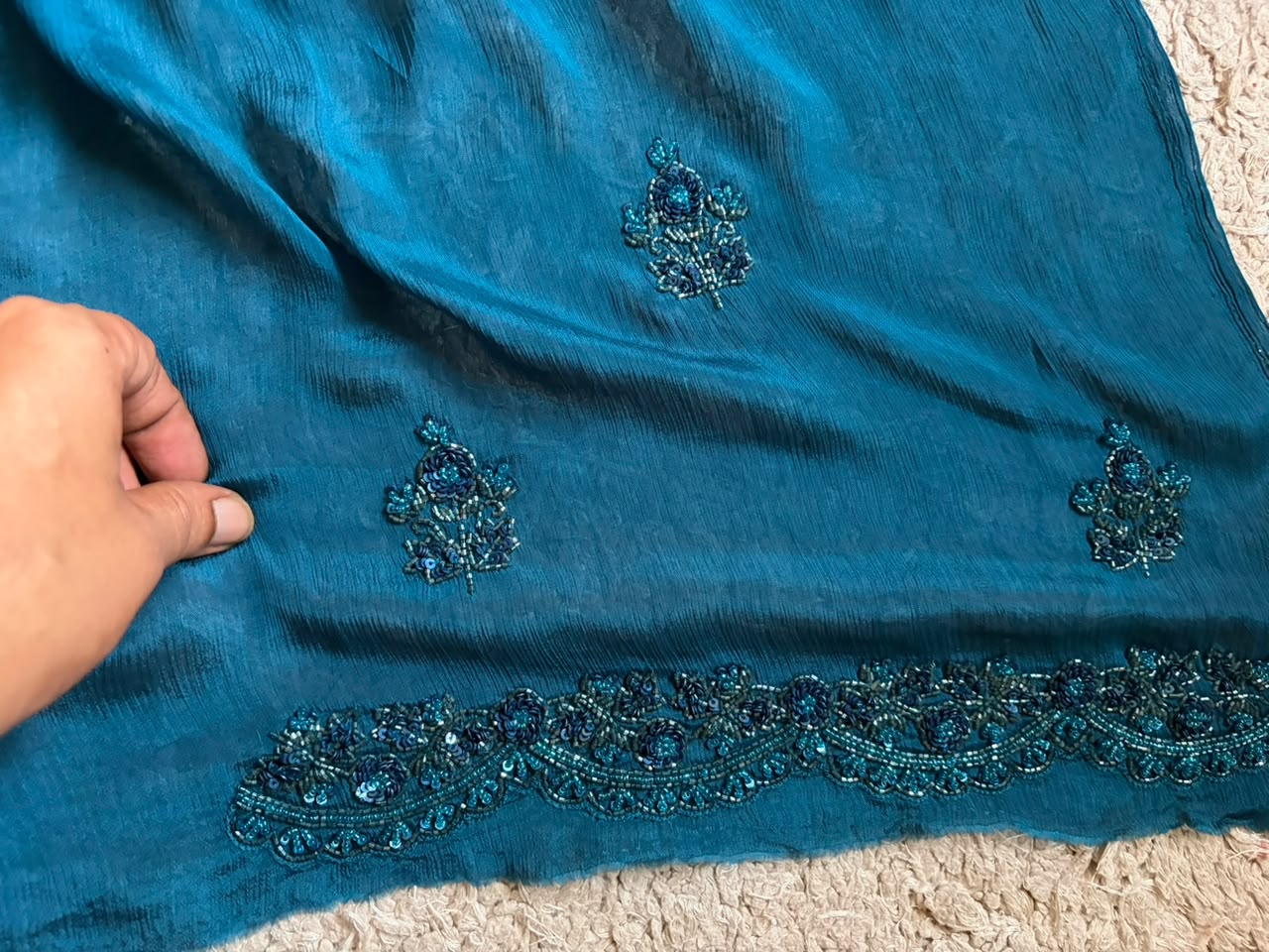 Teal Blue Designer Premium Edition Pure Chinnon Satin Silk Saree with Pearl Sequins & Cut Daana Handwork