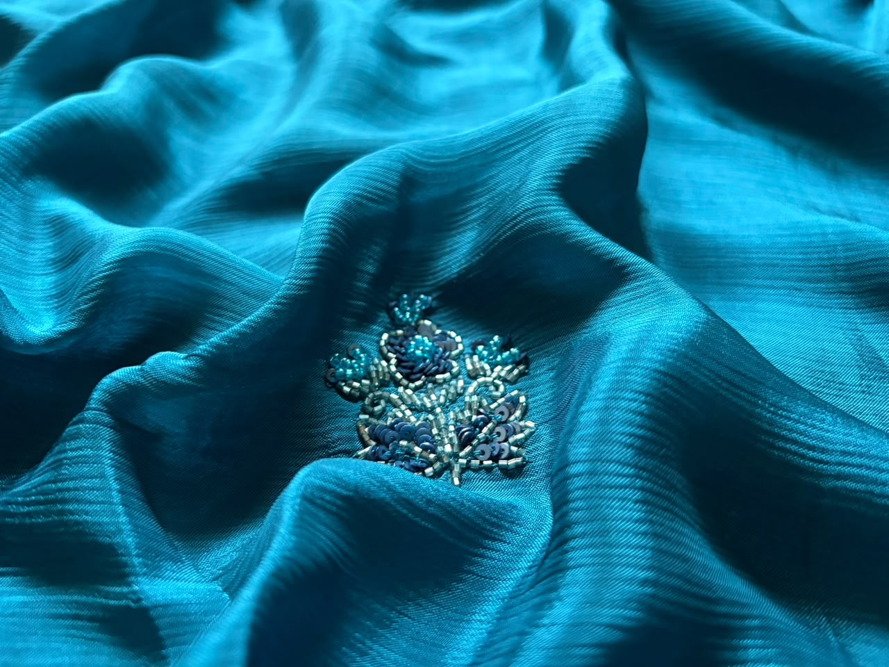 Teal Blue Designer Premium Edition Pure Chinnon Satin Silk Saree with Pearl Sequins & Cut Daana Handwork