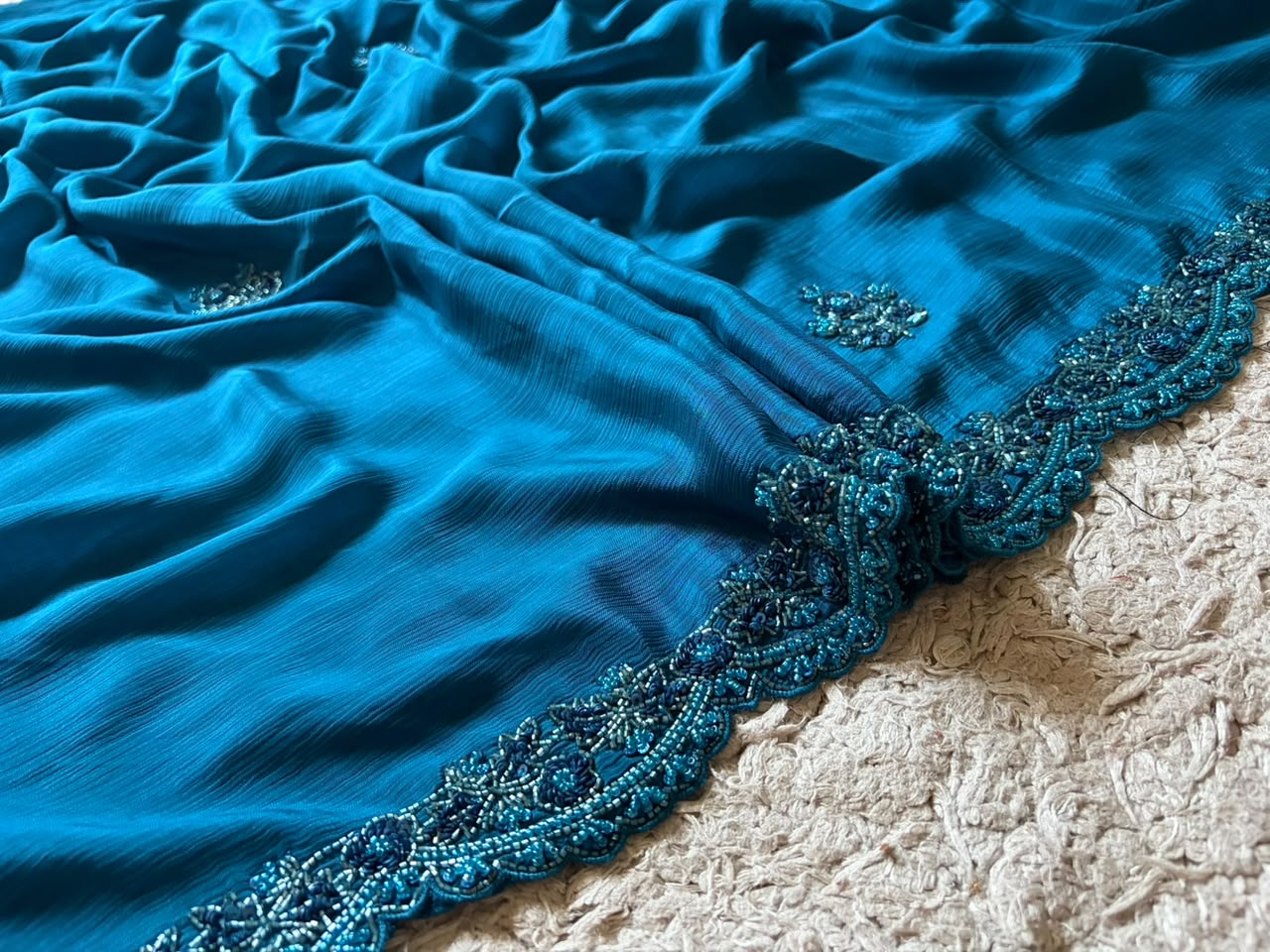Teal Blue Designer Premium Edition Pure Chinnon Satin Silk Saree with Pearl Sequins & Cut Daana Handwork