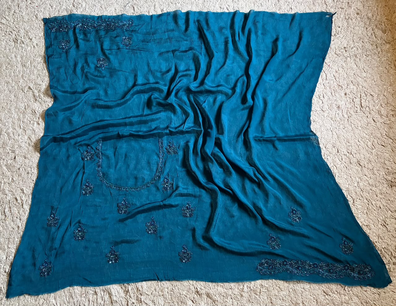 Teal Blue Designer Premium Edition Pure Chinnon Satin Silk Saree with Pearl Sequins & Cut Daana Handwork