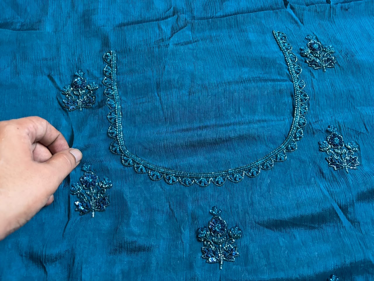 Teal Blue Designer Premium Edition Pure Chinnon Satin Silk Saree with Pearl Sequins & Cut Daana Handwork