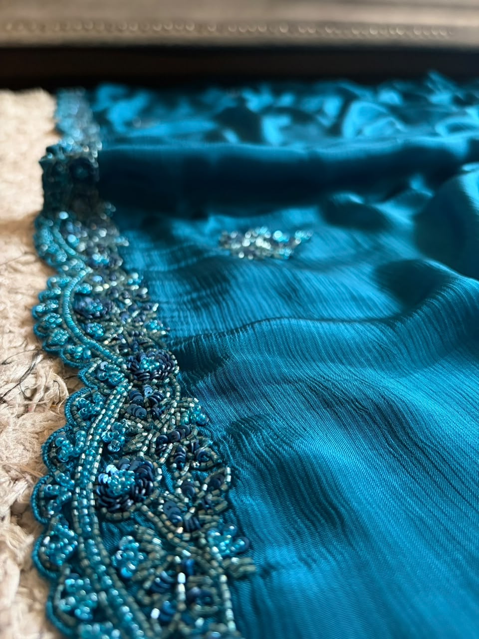 Teal Blue Designer Premium Edition Pure Chinnon Satin Silk Saree with Pearl Sequins & Cut Daana Handwork