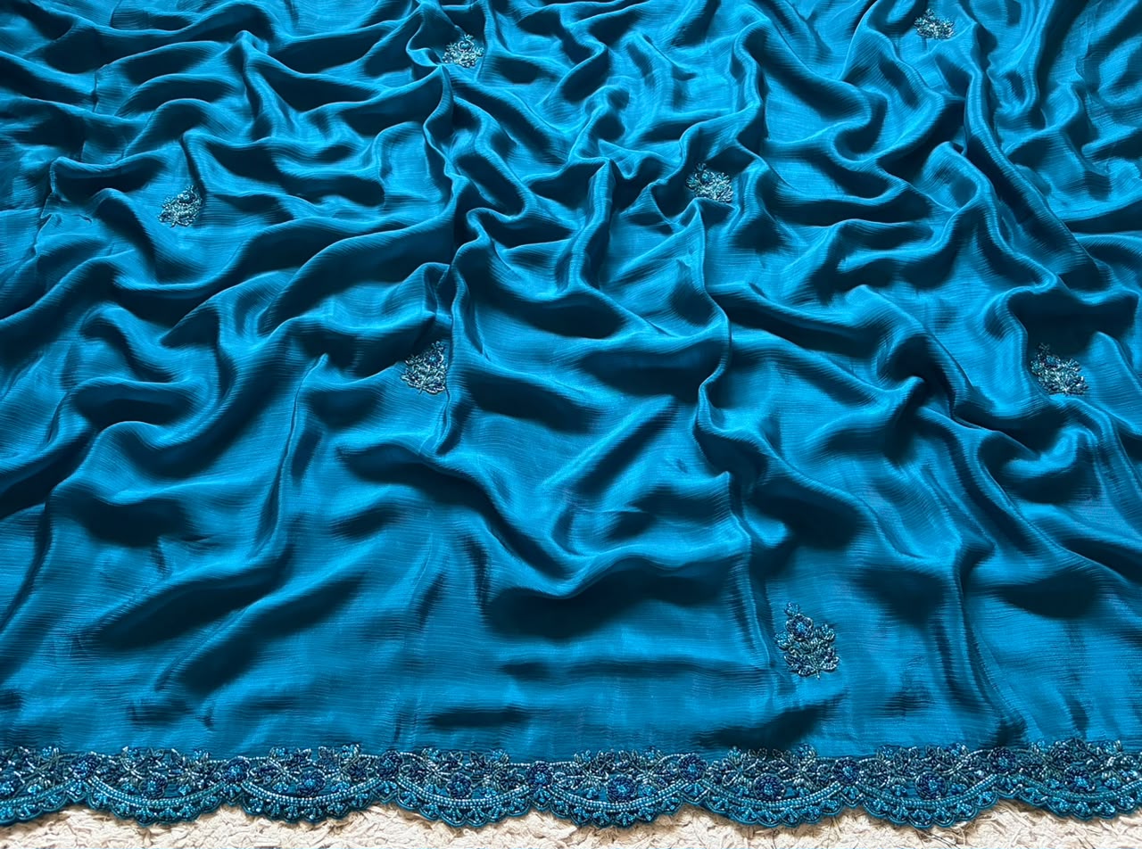 Teal Blue Designer Premium Edition Pure Chinnon Satin Silk Saree with Pearl Sequins & Cut Daana Handwork