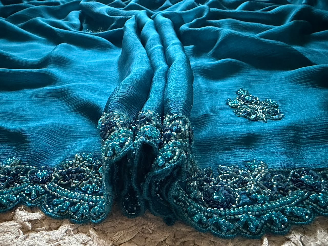 Teal Blue Designer Premium Edition Pure Chinnon Satin Silk Saree with Pearl Sequins & Cut Daana Handwork