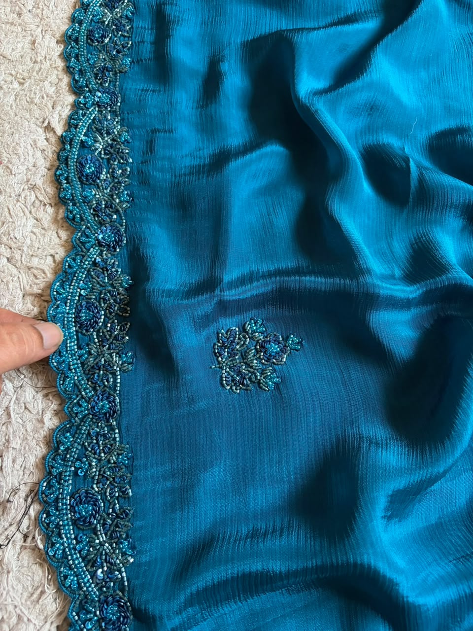 Teal Blue Designer Premium Edition Pure Chinnon Satin Silk Saree with Pearl Sequins & Cut Daana Handwork