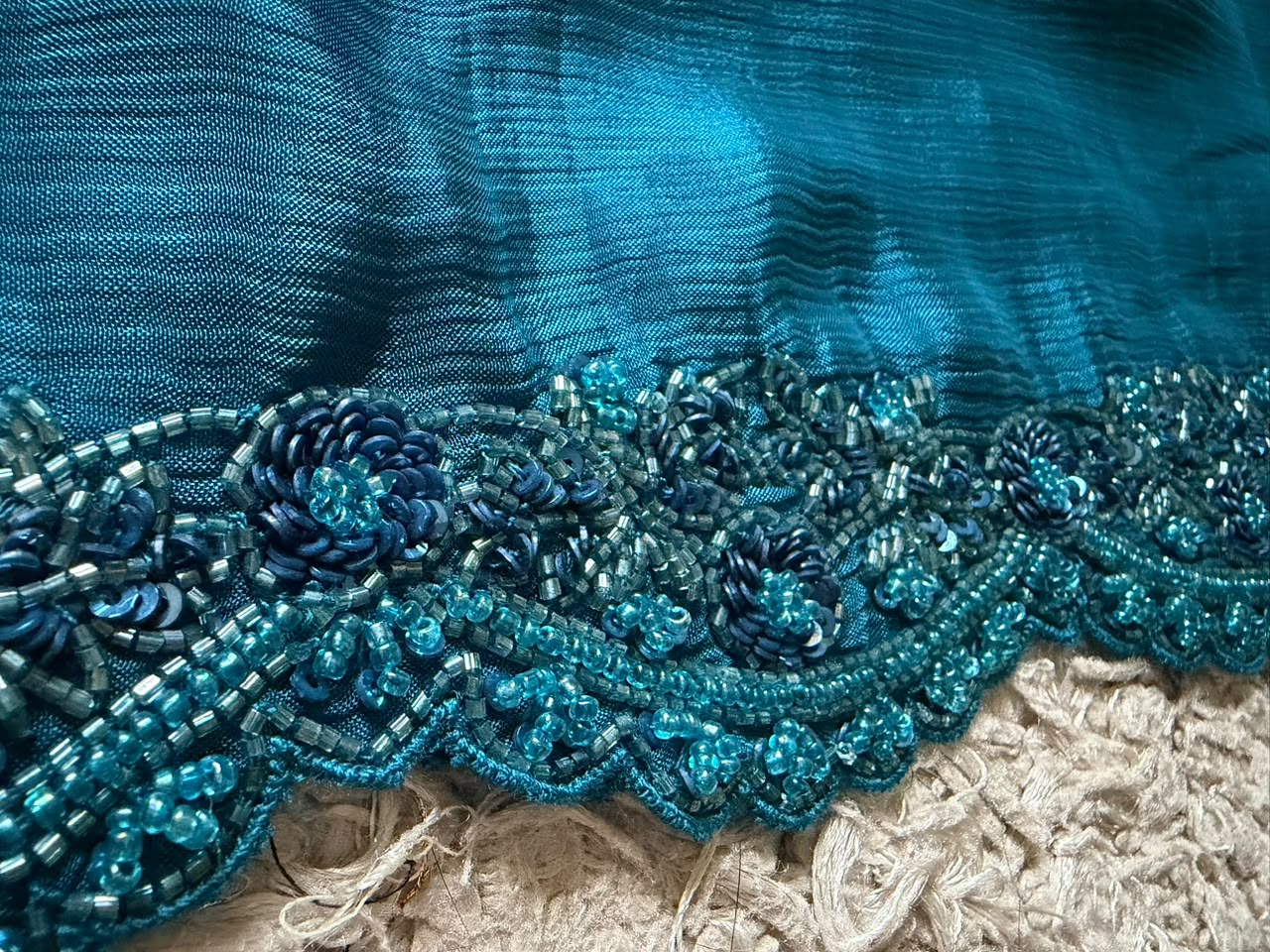 Teal Blue Designer Premium Edition Pure Chinnon Satin Silk Saree with Pearl Sequins & Cut Daana Handwork