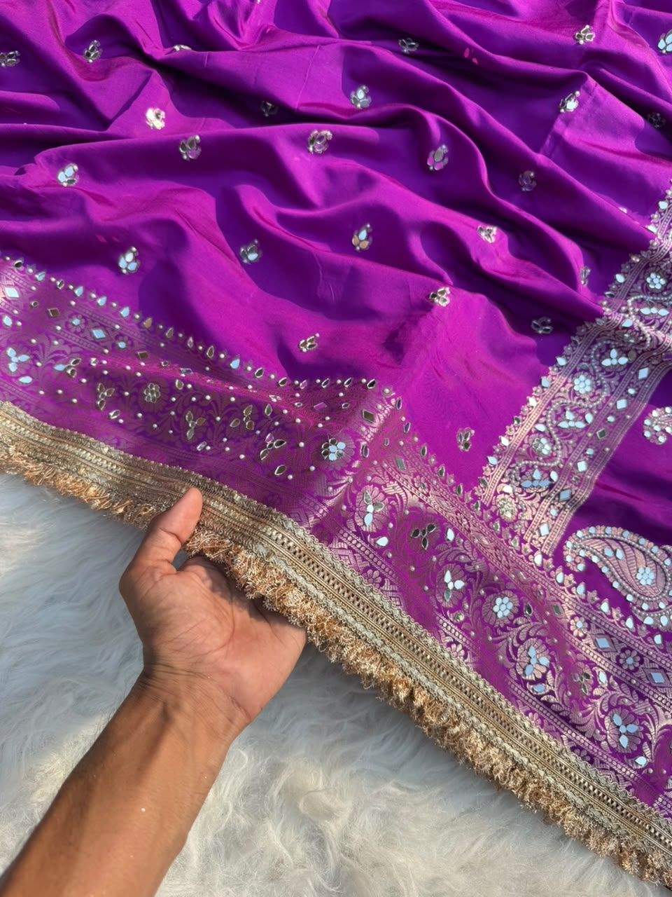 Beautiful Soft Katan Silk Woven Mirror Handwork Party Wear Saree with Designer Lace Border