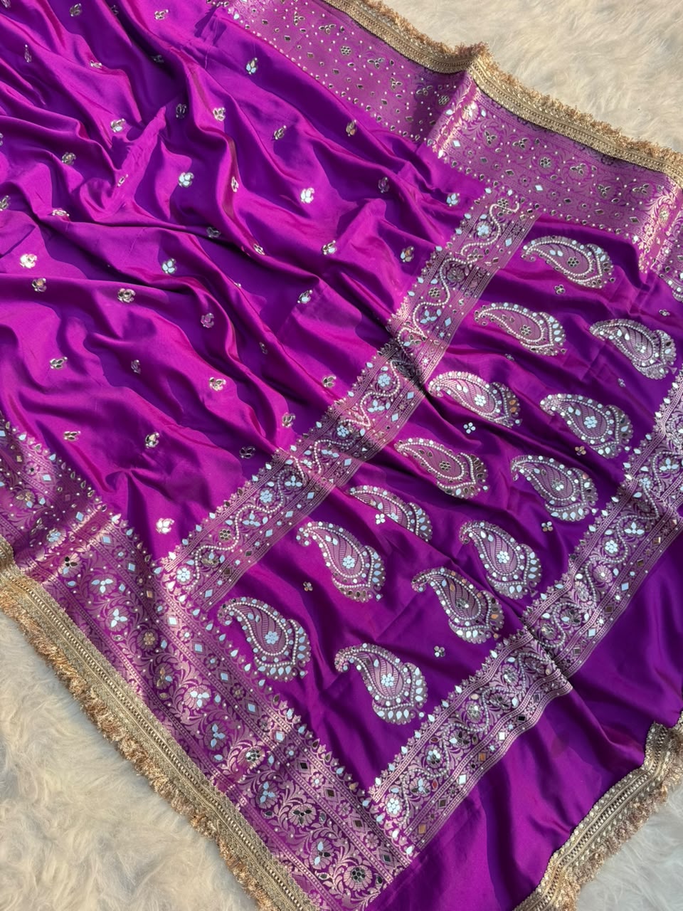 Beautiful Soft Katan Silk Woven Mirror Handwork Party Wear Saree with Designer Lace Border