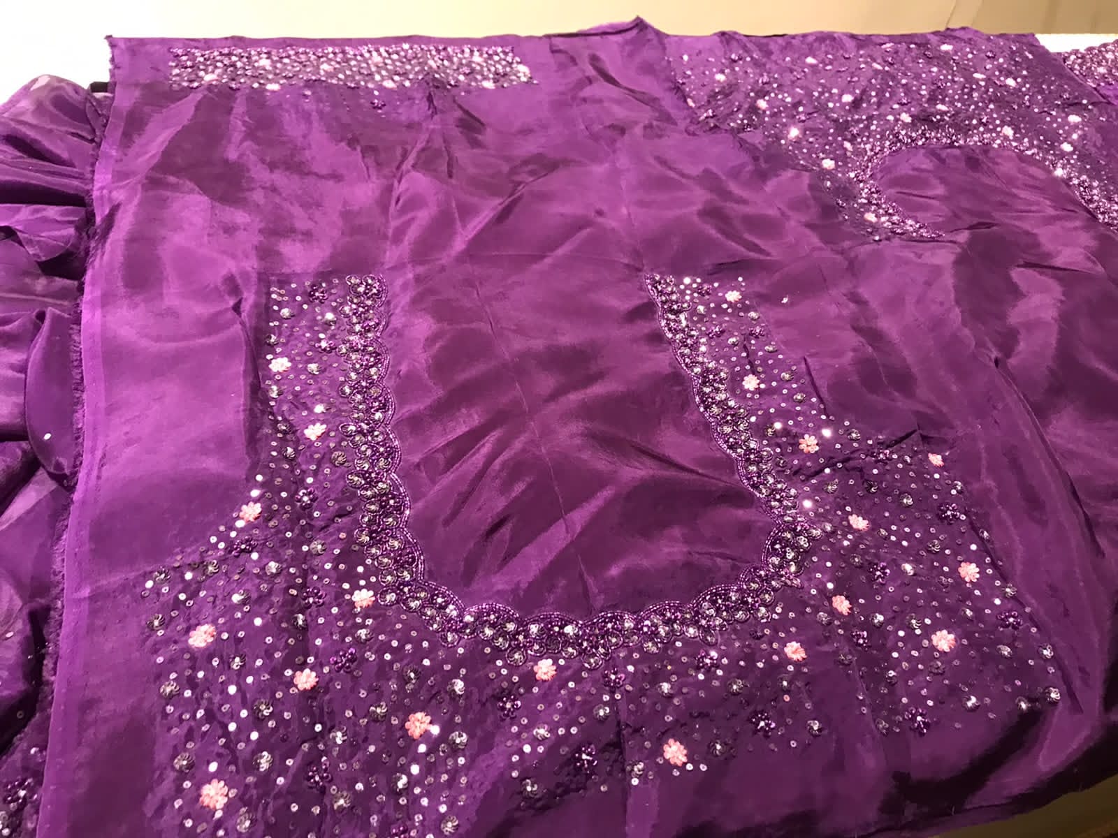 Designer Party Wear Iconic Purple Premium Pure Satin Organza Silk Saree With Heavy Handwork