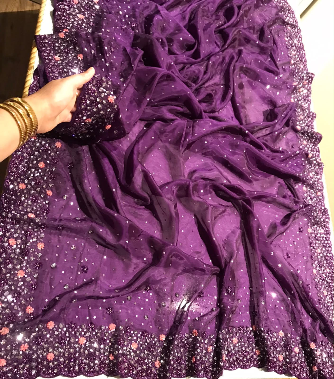 Designer Party Wear Iconic Purple Premium Pure Satin Organza Silk Saree With Heavy Handwork