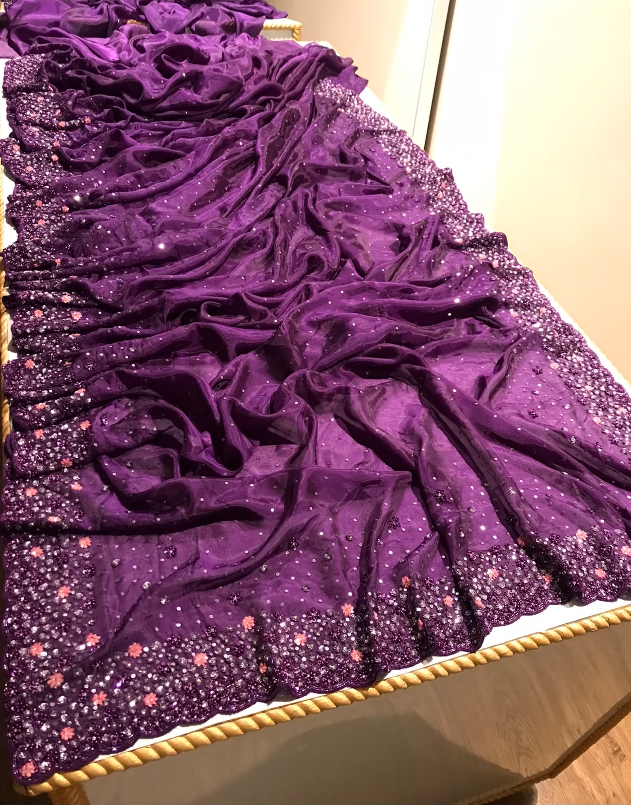 Designer Party Wear Iconic Purple Premium Pure Satin Organza Silk Saree With Heavy Handwork