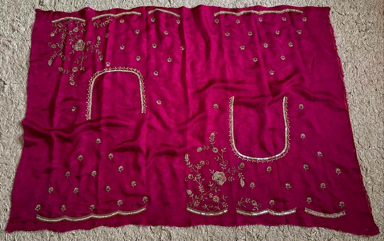 Premium Pure Chinnon Silk Banarasi Zari Saree With Sequins Cut Daana Handwork
