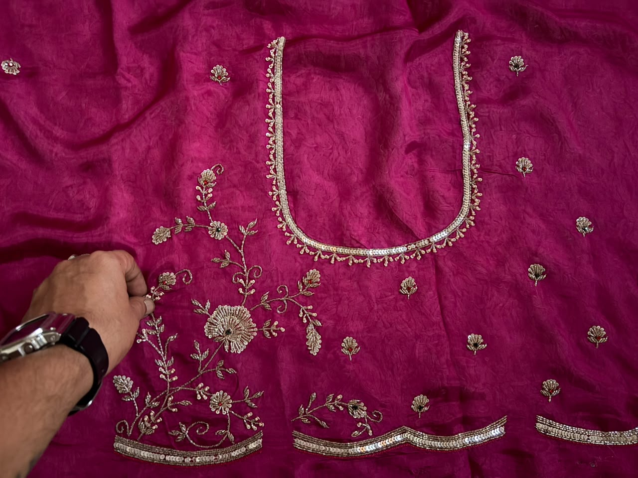 Premium Pure Chinnon Silk Banarasi Zari Saree With Sequins Cut Daana Handwork