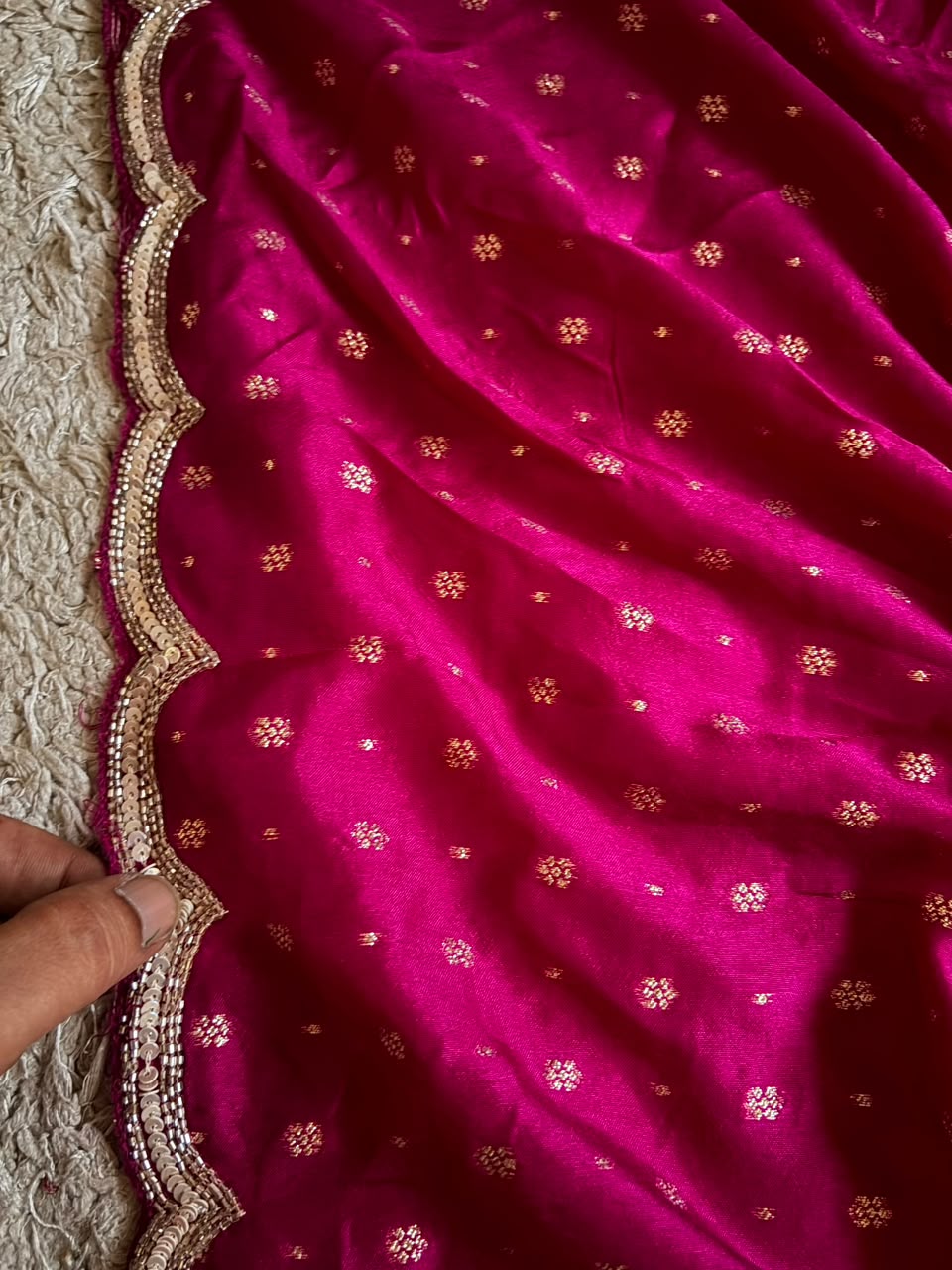 Premium Pure Chinnon Silk Banarasi Zari Saree With Sequins Cut Daana Handwork