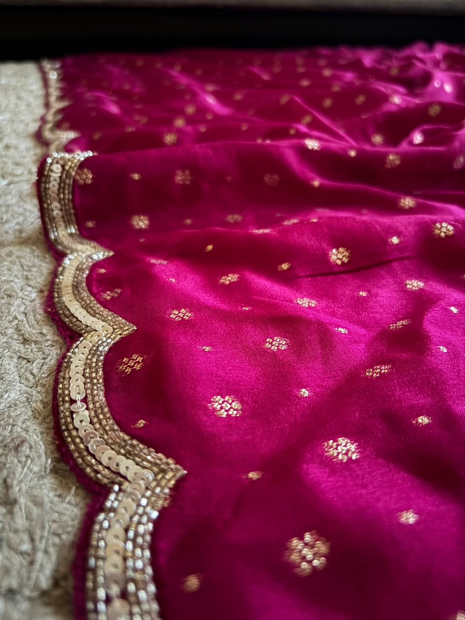 Premium Pure Chinnon Silk Banarasi Zari Saree With Sequins Cut Daana Handwork