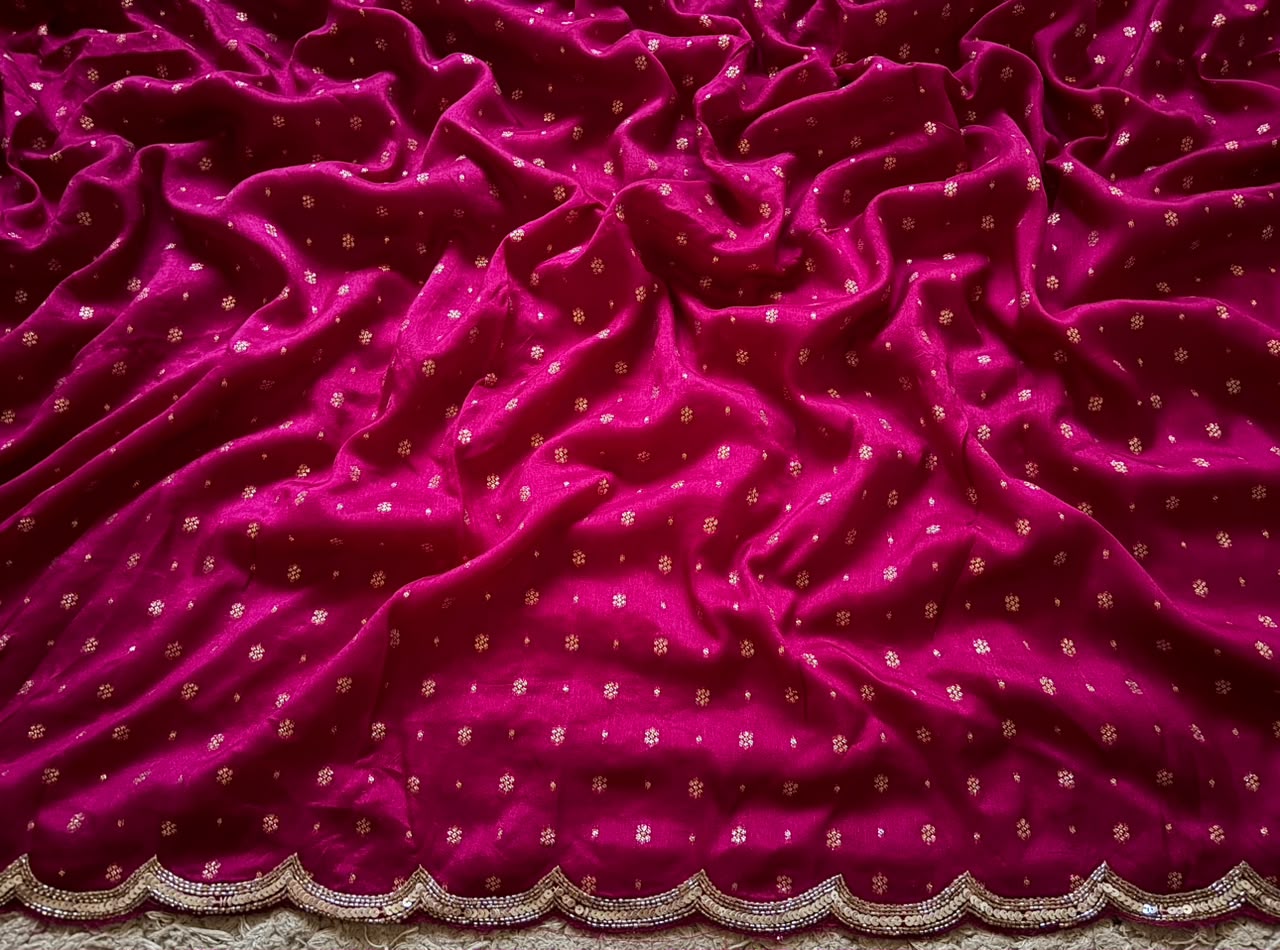 Premium Pure Chinnon Silk Banarasi Zari Saree With Sequins Cut Daana Handwork