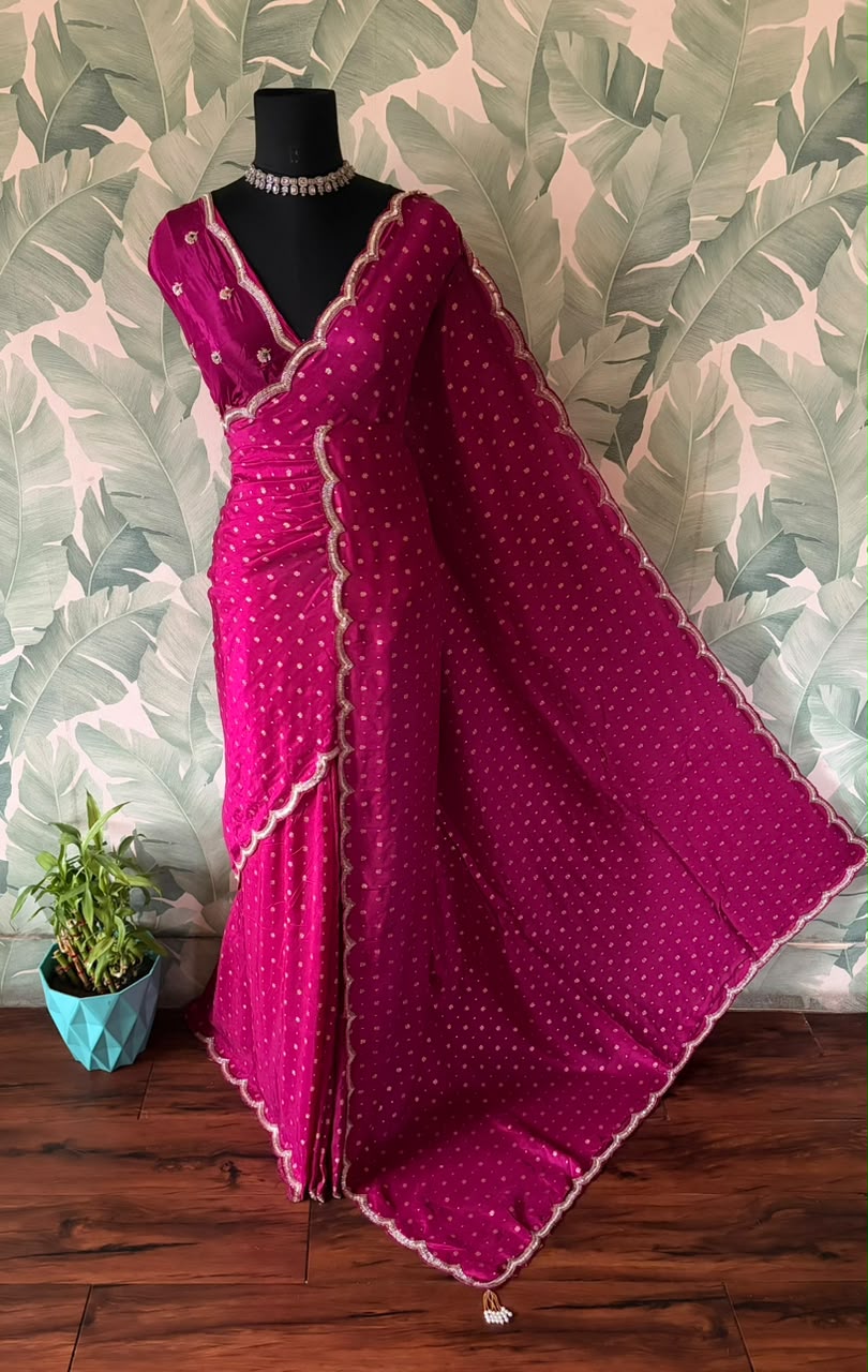 Premium Pure Chinnon Silk Banarasi Zari Saree With Sequins Cut Daana Handwork