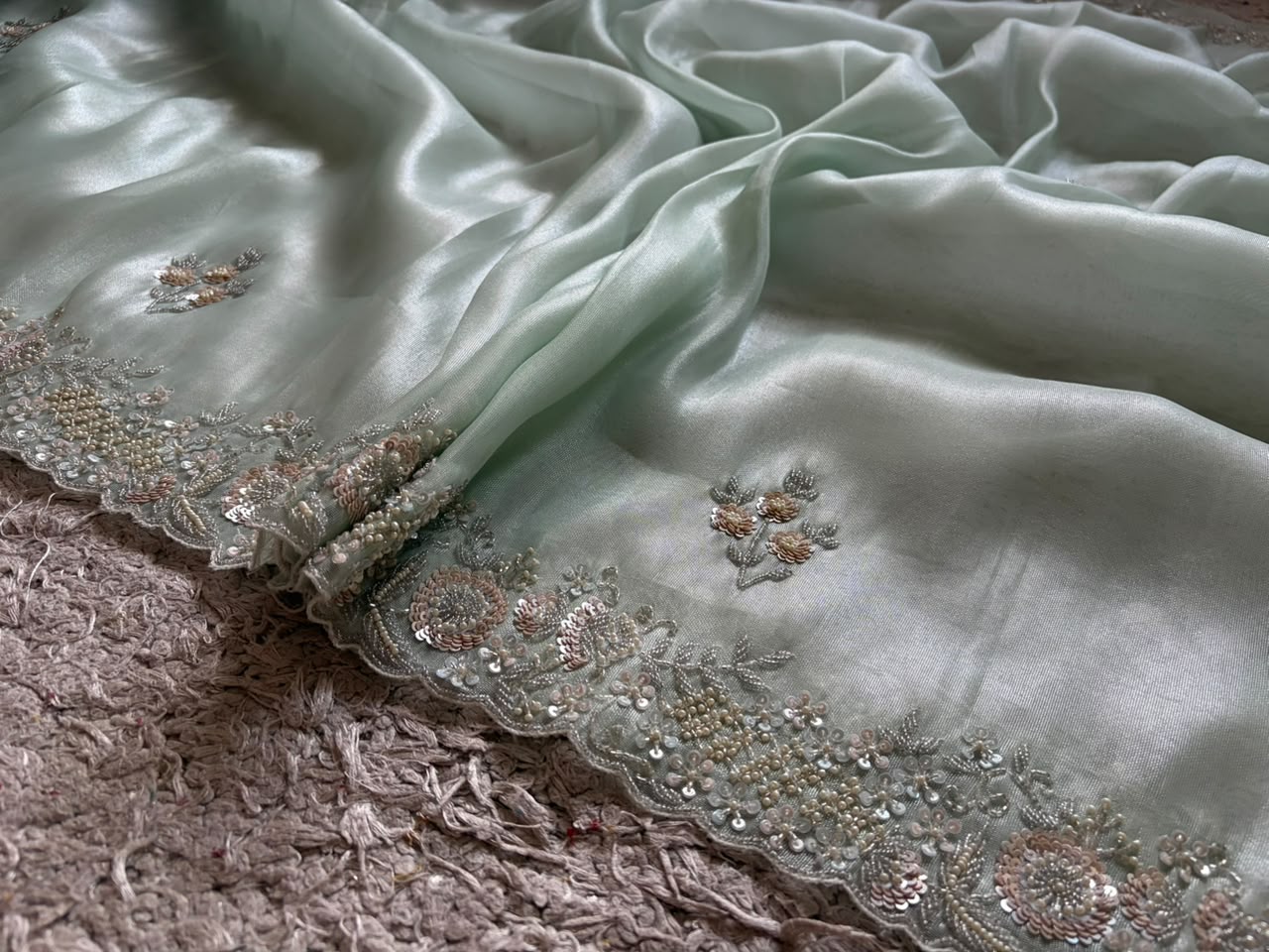 Sea Green Iconic Premium Pure Tissue Organza Silk Saree With Sequins Cut Daana Handwork