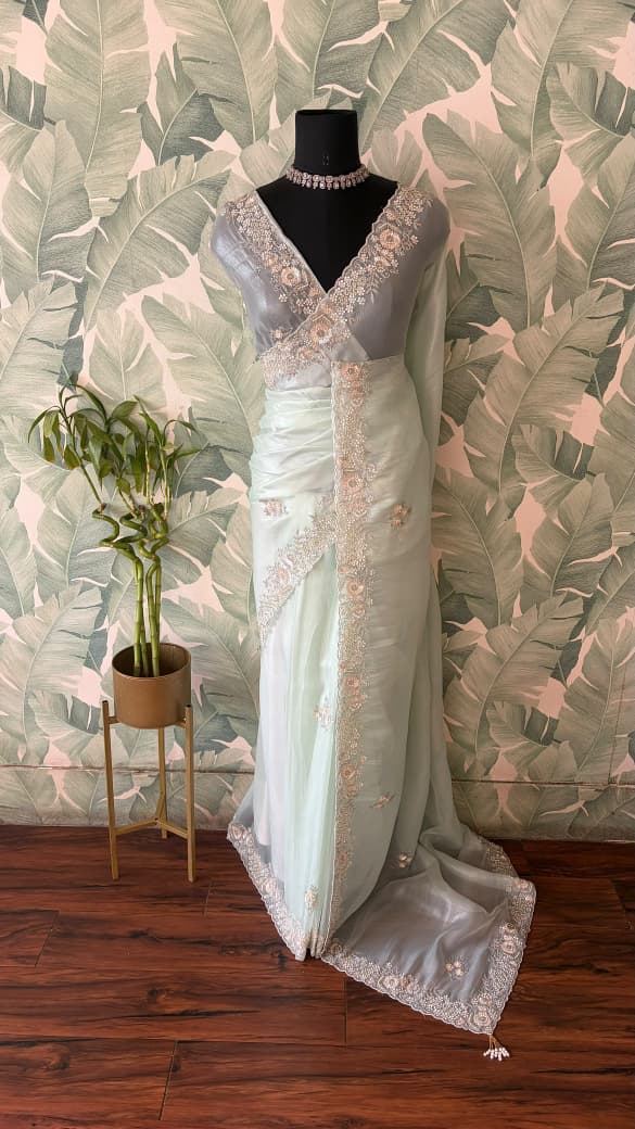 Sea Green Iconic Premium Pure Tissue Organza Silk Saree With Sequins Cut Daana Handwork