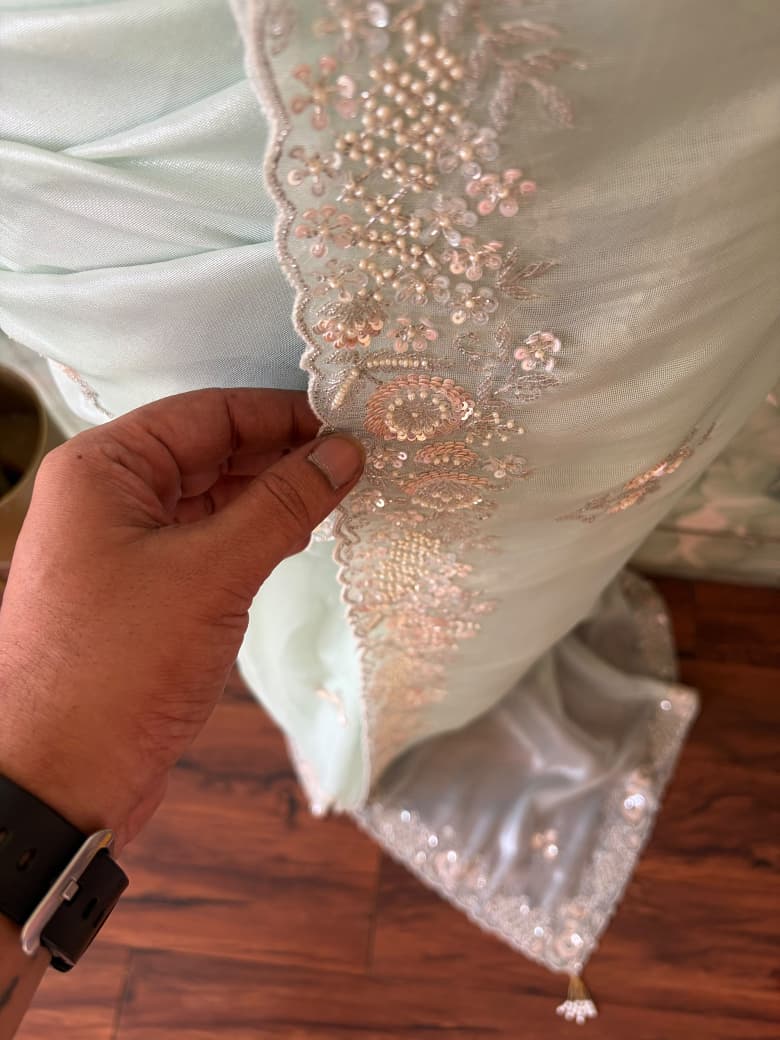 Sea Green Iconic Premium Pure Tissue Organza Silk Saree With Sequins Cut Daana Handwork