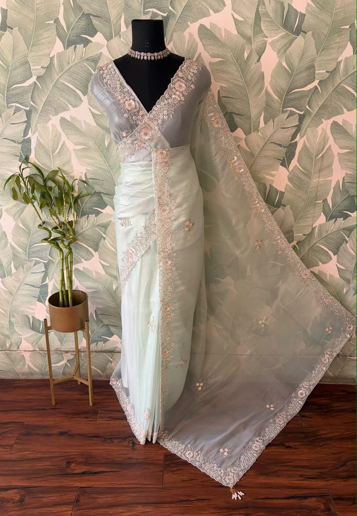 Sea Green Iconic Premium Pure Tissue Organza Silk Saree With Sequins Cut Daana Handwork