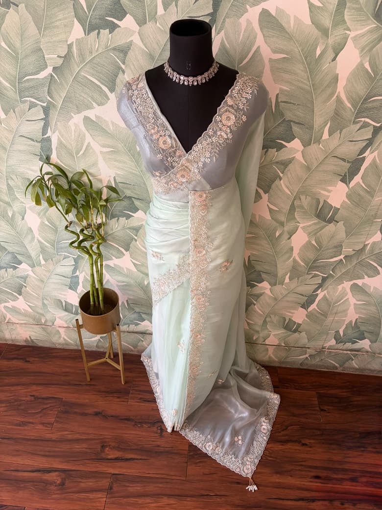 Sea Green Iconic Premium Pure Tissue Organza Silk Saree With Sequins Cut Daana Handwork