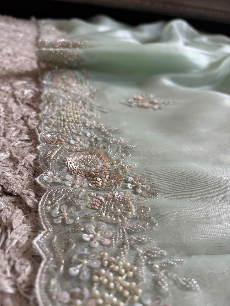 Sea Green Iconic Premium Pure Tissue Organza Silk Saree With Sequins Cut Daana Handwork
