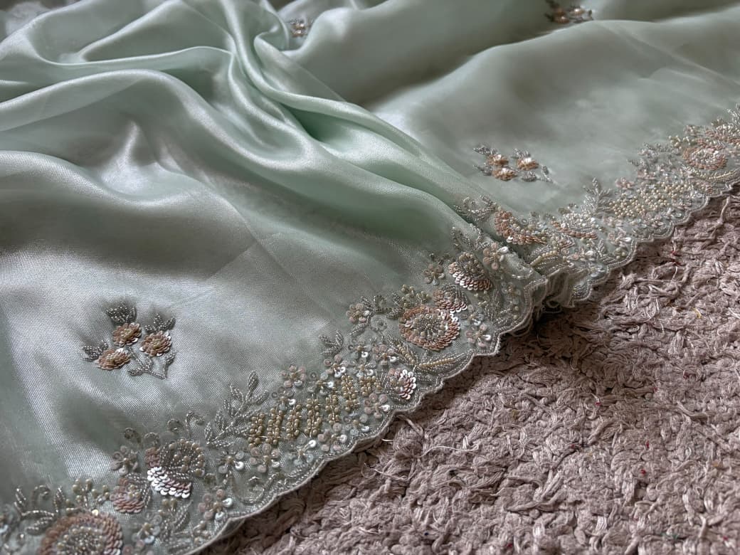 Sea Green Iconic Premium Pure Tissue Organza Silk Saree With Sequins Cut Daana Handwork