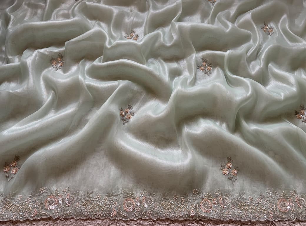 Sea Green Iconic Premium Pure Tissue Organza Silk Saree With Sequins Cut Daana Handwork