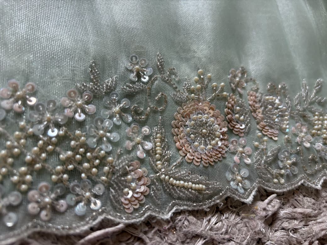 Sea Green Iconic Premium Pure Tissue Organza Silk Saree With Sequins Cut Daana Handwork