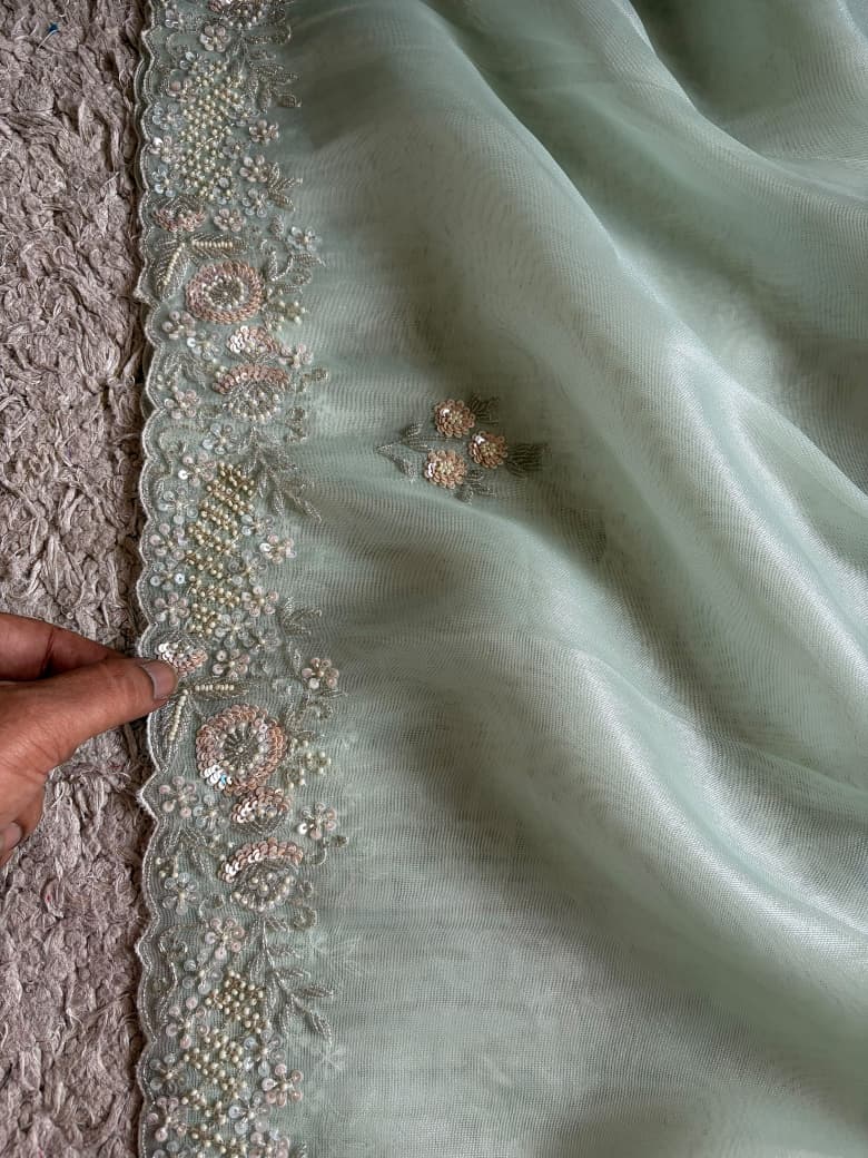 Sea Green Iconic Premium Pure Tissue Organza Silk Saree With Sequins Cut Daana Handwork