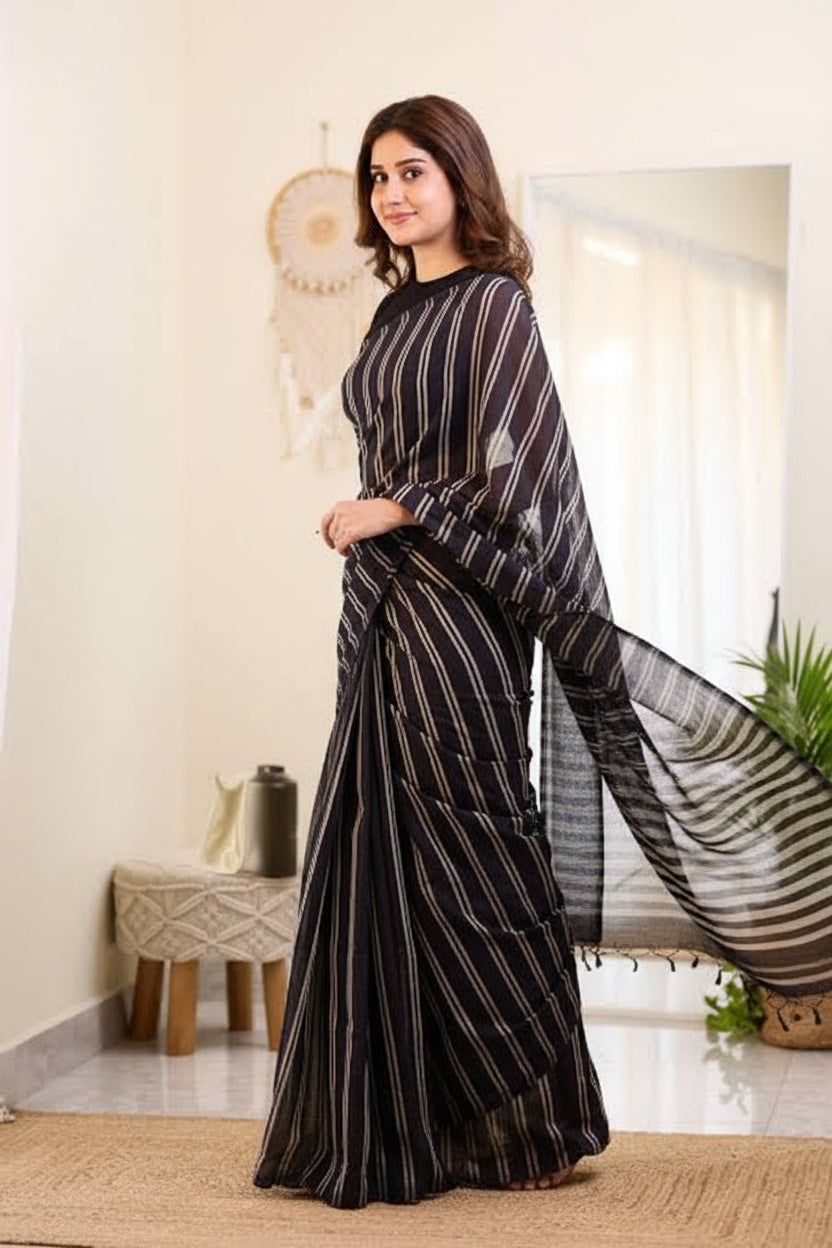 Chanderi Handloom Pattu Silk Saree With All-Over Stripes, Small Border & Striped Palla