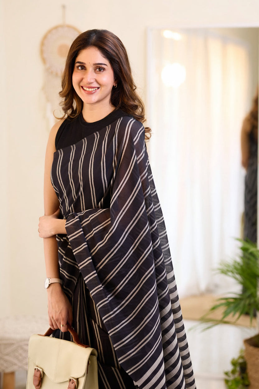 Chanderi Handloom Pattu Silk Saree With All-Over Stripes, Small Border & Striped Palla