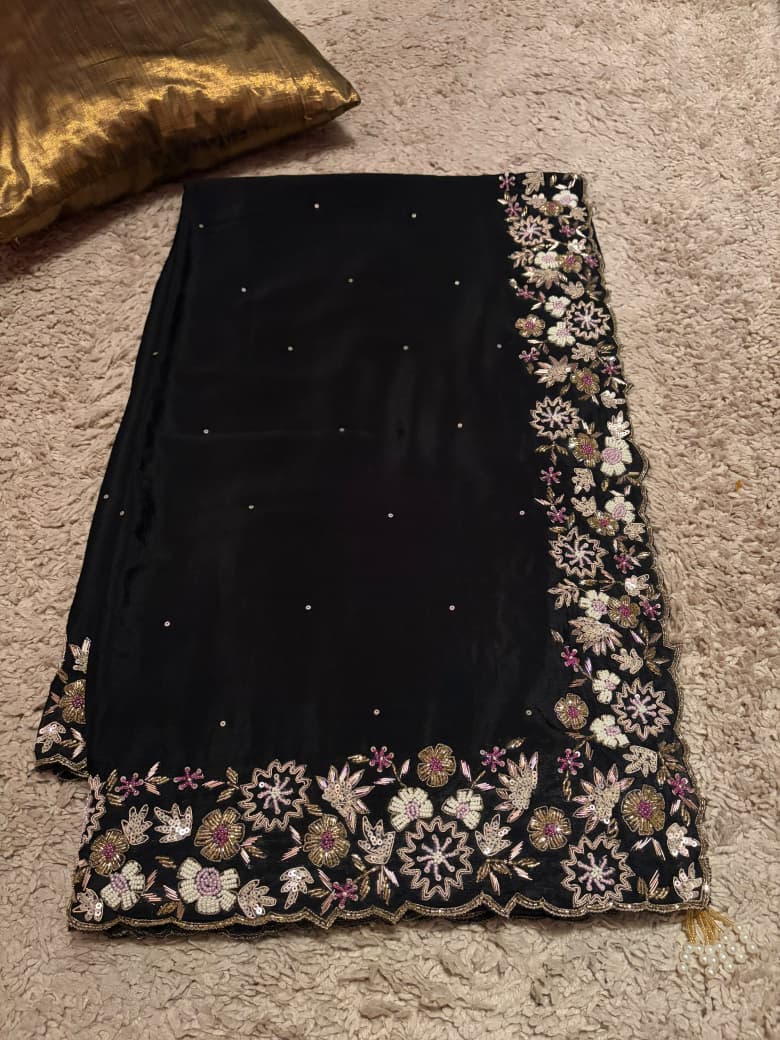 Gorgeous Black Premium Pure Chinnon Silk Saree With Intricate Zardozi Handwork