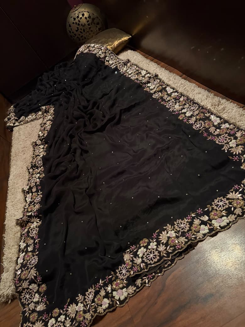 Gorgeous Black Premium Pure Chinnon Silk Saree With Intricate Zardozi Handwork