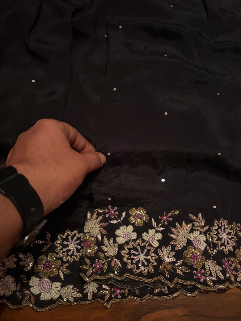 Gorgeous Black Premium Pure Chinnon Silk Saree With Intricate Zardozi Handwork