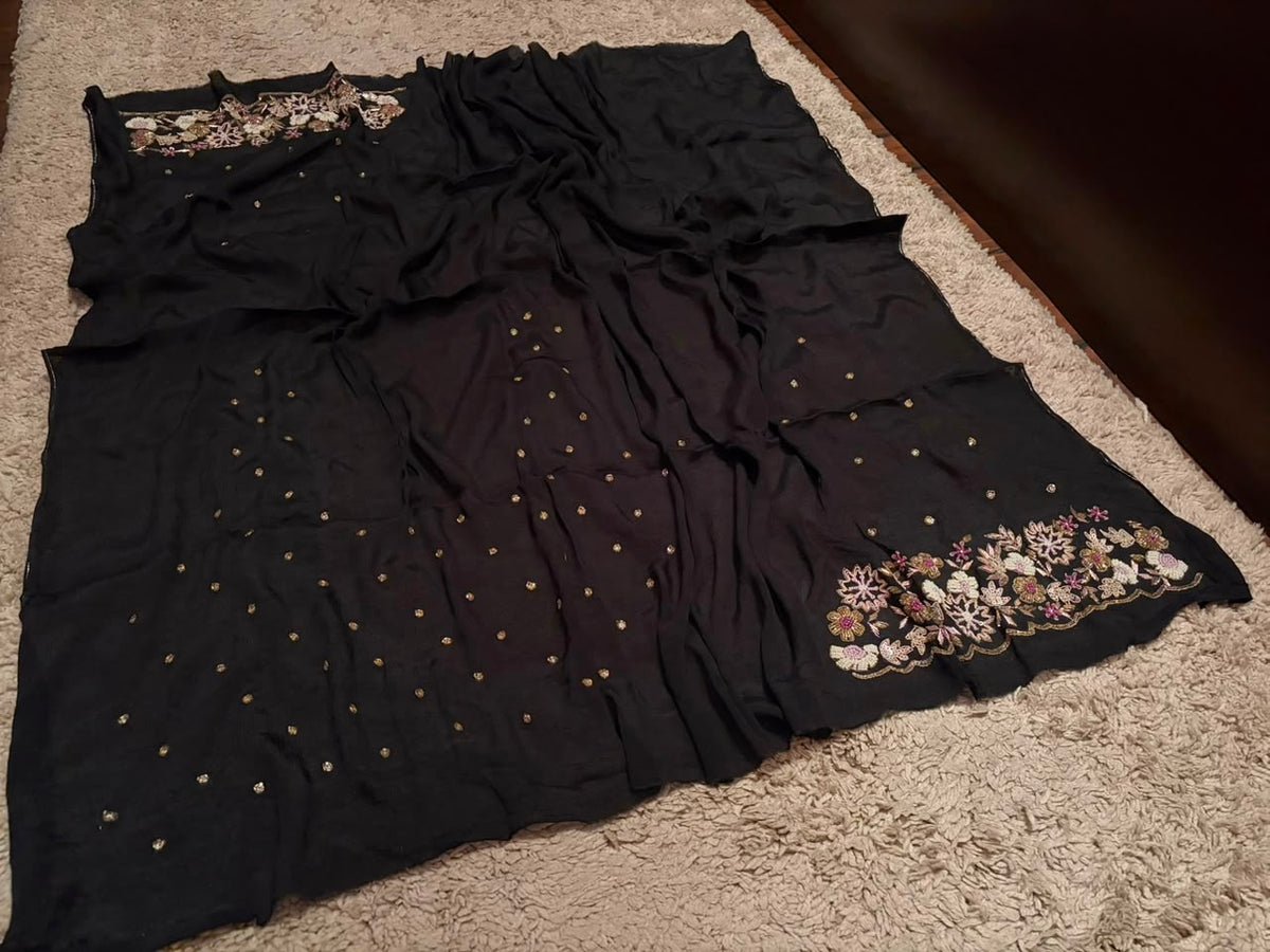 Gorgeous Black Premium Pure Chinnon Silk Saree With Intricate Zardozi Handwork