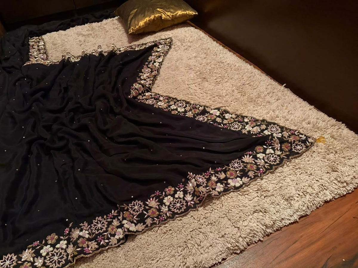 Gorgeous Black Premium Pure Chinnon Silk Saree With Intricate Zardozi Handwork