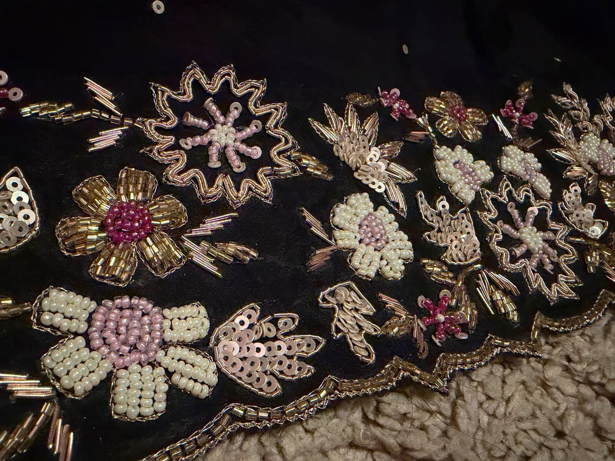 Gorgeous Black Premium Pure Chinnon Silk Saree With Intricate Zardozi Handwork