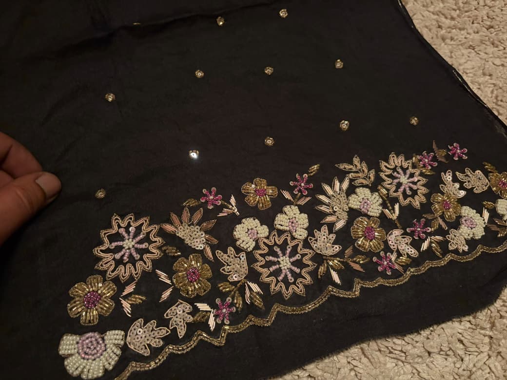 Gorgeous Black Premium Pure Chinnon Silk Saree With Intricate Zardozi Handwork