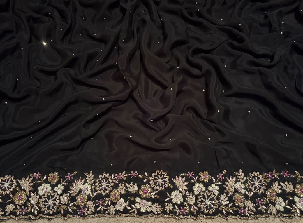 Gorgeous Black Premium Pure Chinnon Silk Saree With Intricate Zardozi Handwork