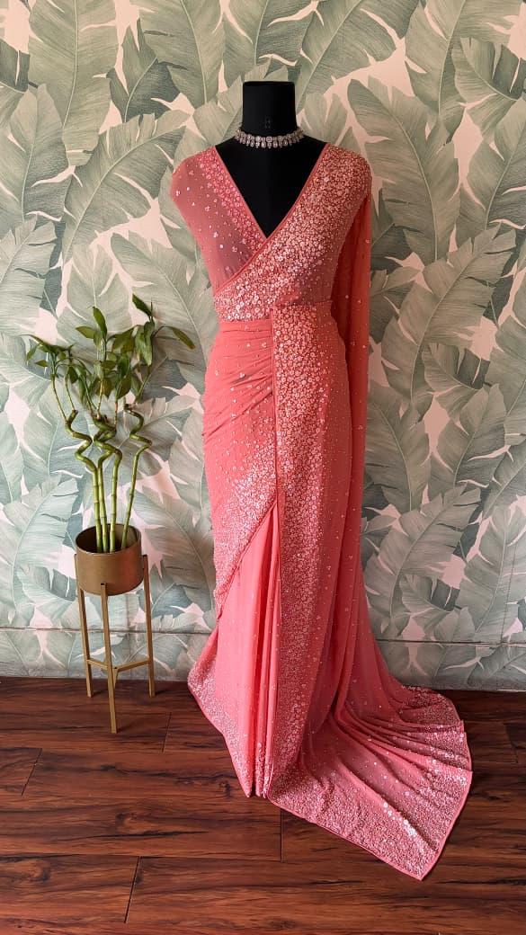 Premium Pure Georgette Saree With Pearl Sequins Handwork