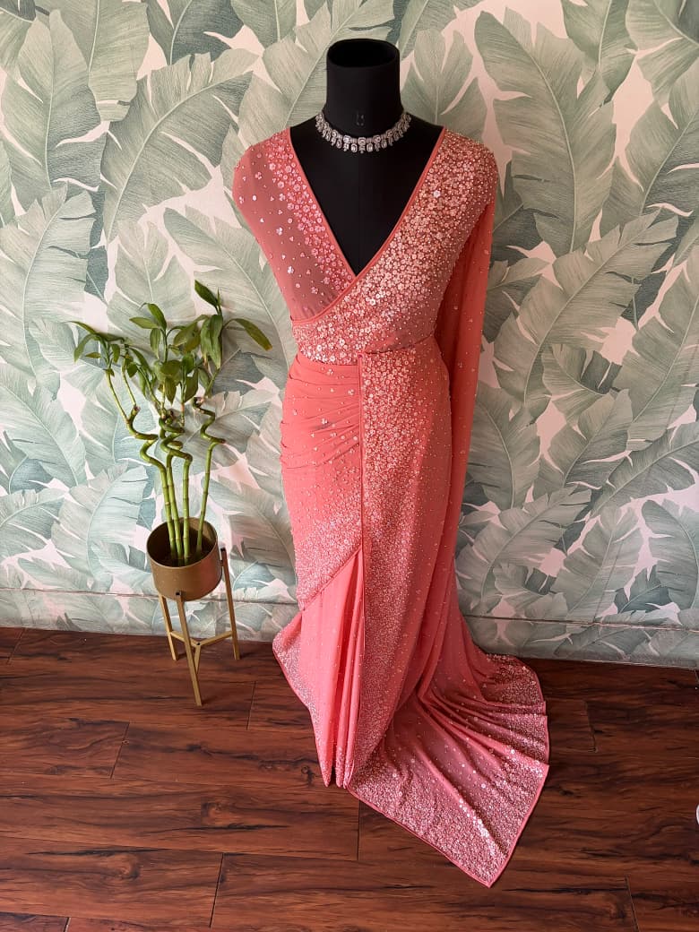 Premium Pure Georgette Saree With Pearl Sequins Handwork