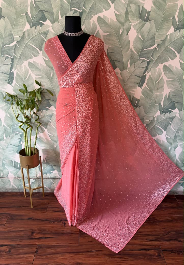 Premium Pure Georgette Saree With Pearl Sequins Handwork