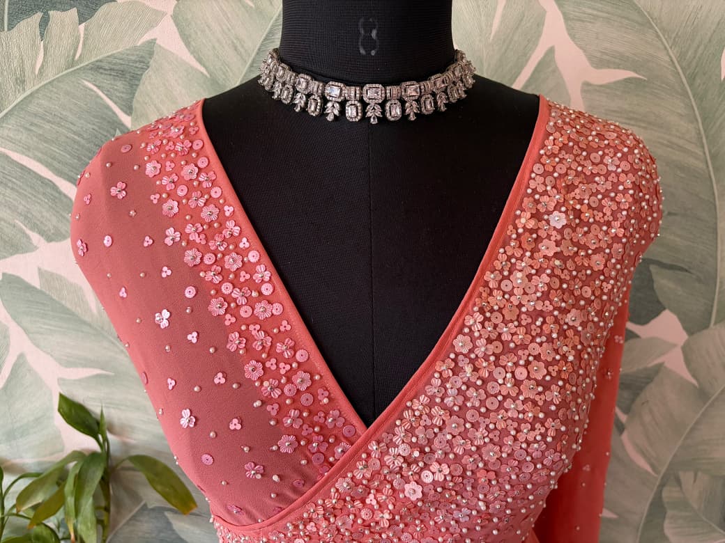 Premium Pure Georgette Saree With Pearl Sequins Handwork