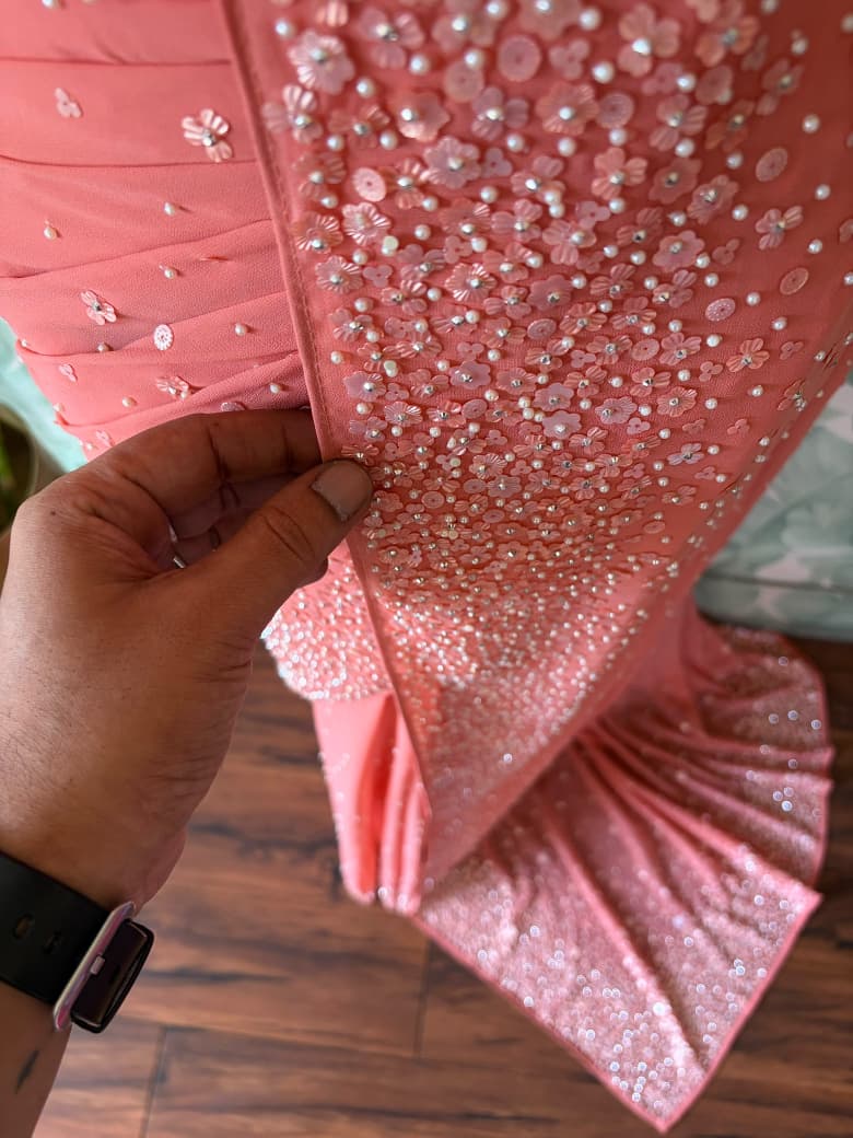 Premium Pure Georgette Saree With Pearl Sequins Handwork