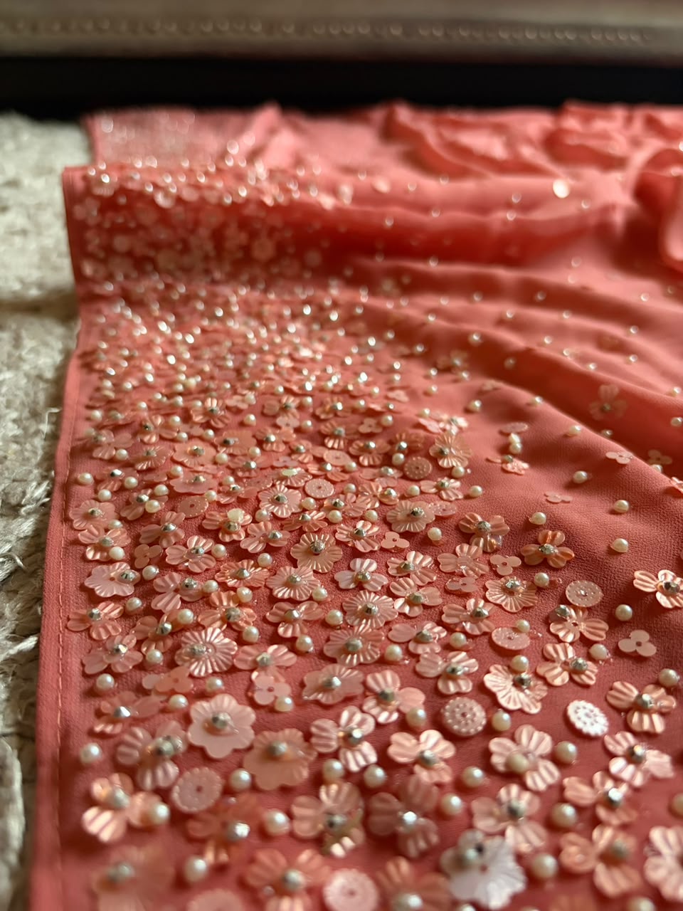 Premium Pure Georgette Saree With Pearl Sequins Handwork