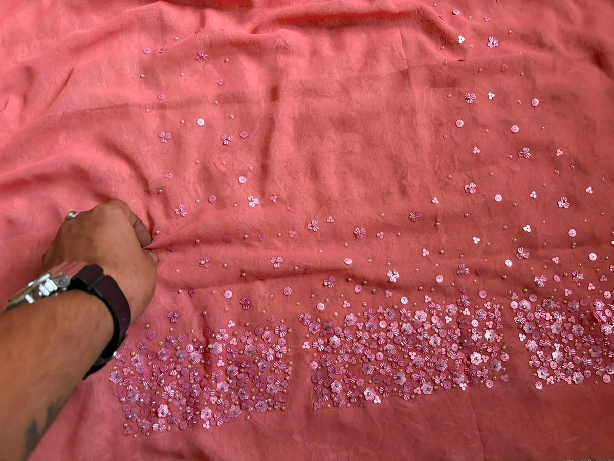 Premium Pure Georgette Saree With Pearl Sequins Handwork